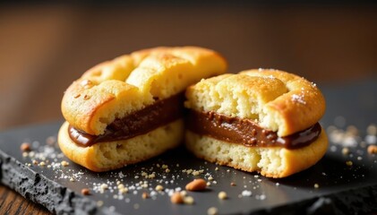 Cut in half Alfajor cookies filled with chocolate cream, pastry, chocolate