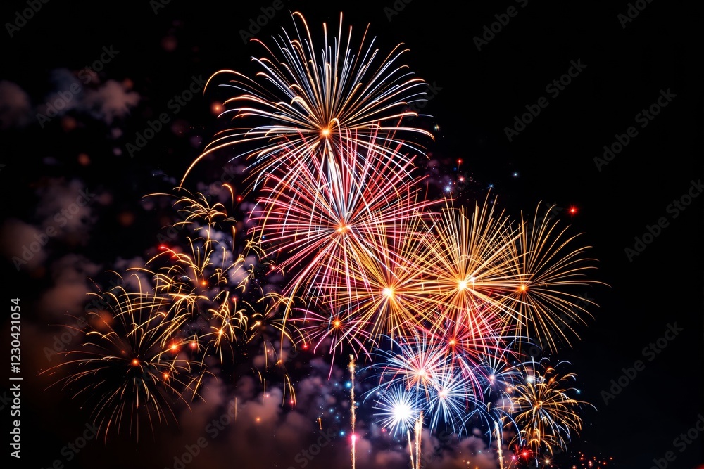 Aufkleber vibrant fireworks bursting in colorful patterns against a dark night sky.