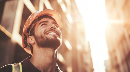 A smiling construction worker looking up at the bright sun on a job site.