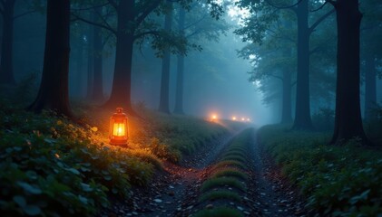 Flickering ethereal lanterns light misty forest path, foggy, mist, forest