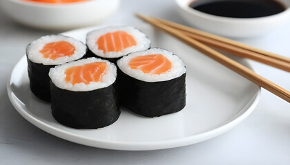 Tasty soy sauce, chopsticks and sushi rolls with salmon on grey table. Space for text
