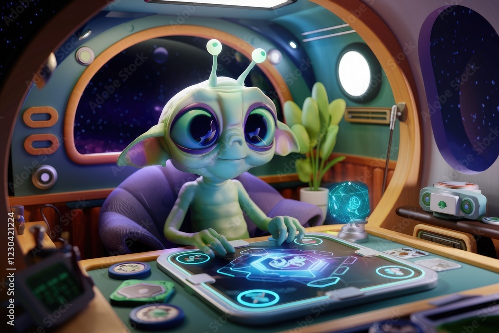 Poster an adorable alien operates a futuristic console in a spaceship, surrounded by space-themed gadgets.