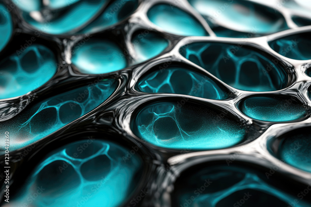 Poster abstract close-up of a mesmerizing, teal and black, liquid-like structure with interconnected bubble