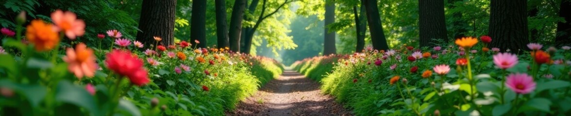 Fototapeta premium Forest pathway lined with blooming flowers and foliage, botanical photography, nature scene, growth