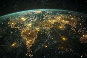 Global connectivity visualized through illuminated cities and network lines across the Earth at night