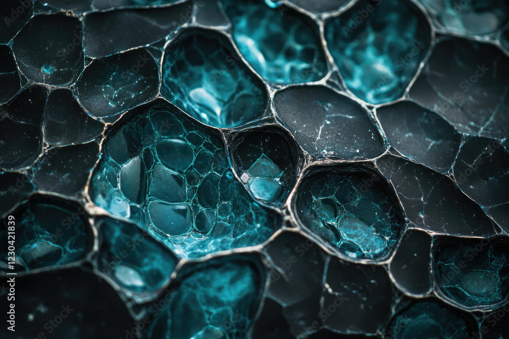 Poster Close-up of a textured surface resembling a honeycomb or cellular structure with dark teal and black hues.