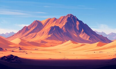 Fototapeta premium Majestic sunset over a vast desert landscape, featuring a prominent mountain range.