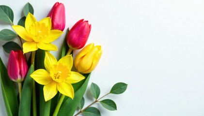 Fresh tulips and daffodils intertwined with eucalyptus leaves, floral wreath, tulips