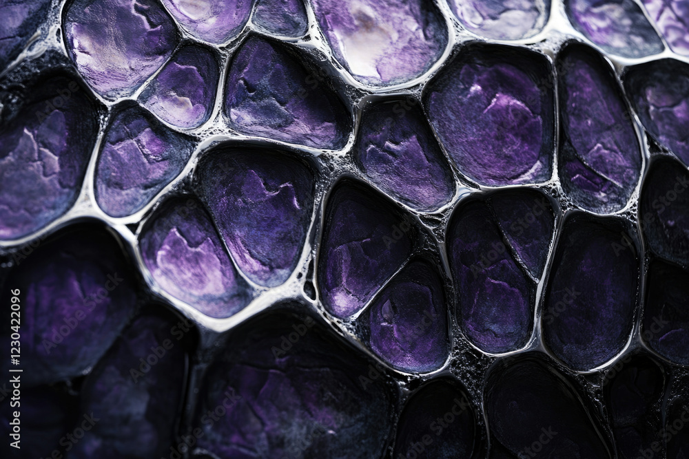 Poster close-up of a textured surface resembling dark purple honeycomb or organic cell structure with metal