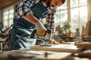 Woodworker using an electric jigsaw in a sunlit workshop.