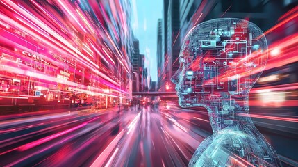 Futuristic cityscape with a digital human silhouette and vibrant light trails.