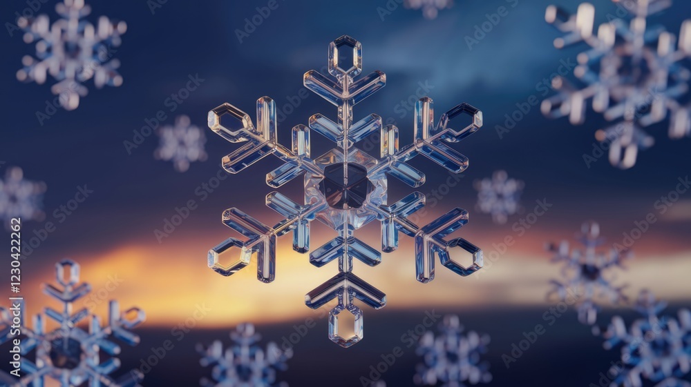 Poster a mesmerizing 3d rendering of a crystal snowflake against a vibrant sunset backdrop.