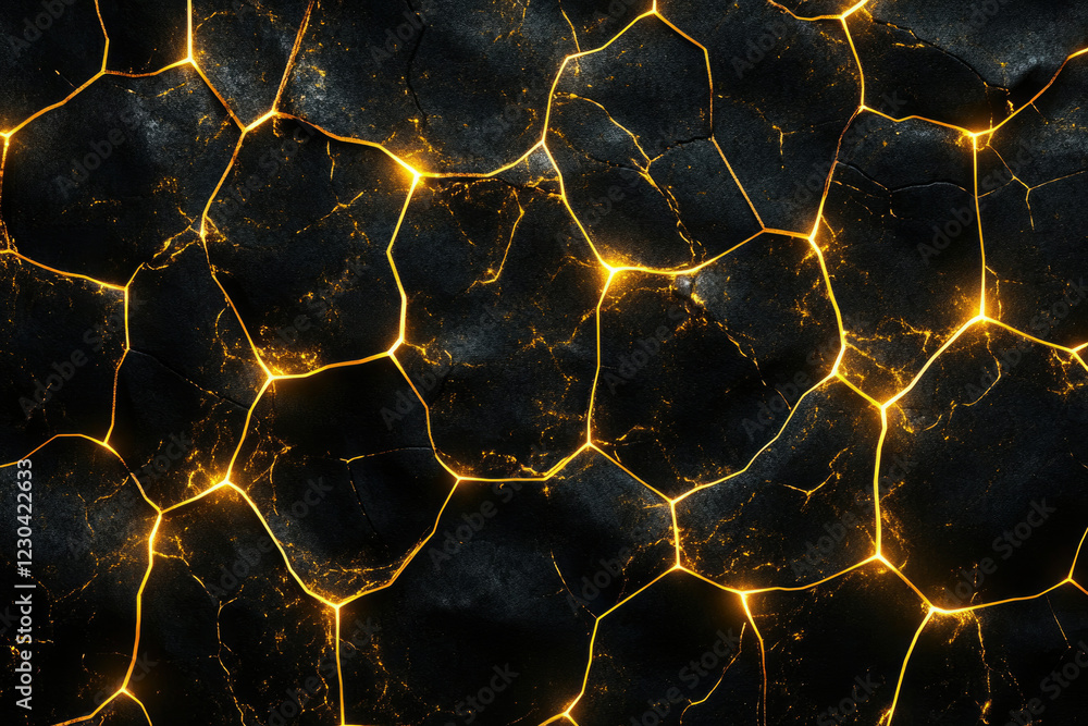 Poster glowing cracks in dark stone, resembling molten lava or energy flow, creating an abstract texture.