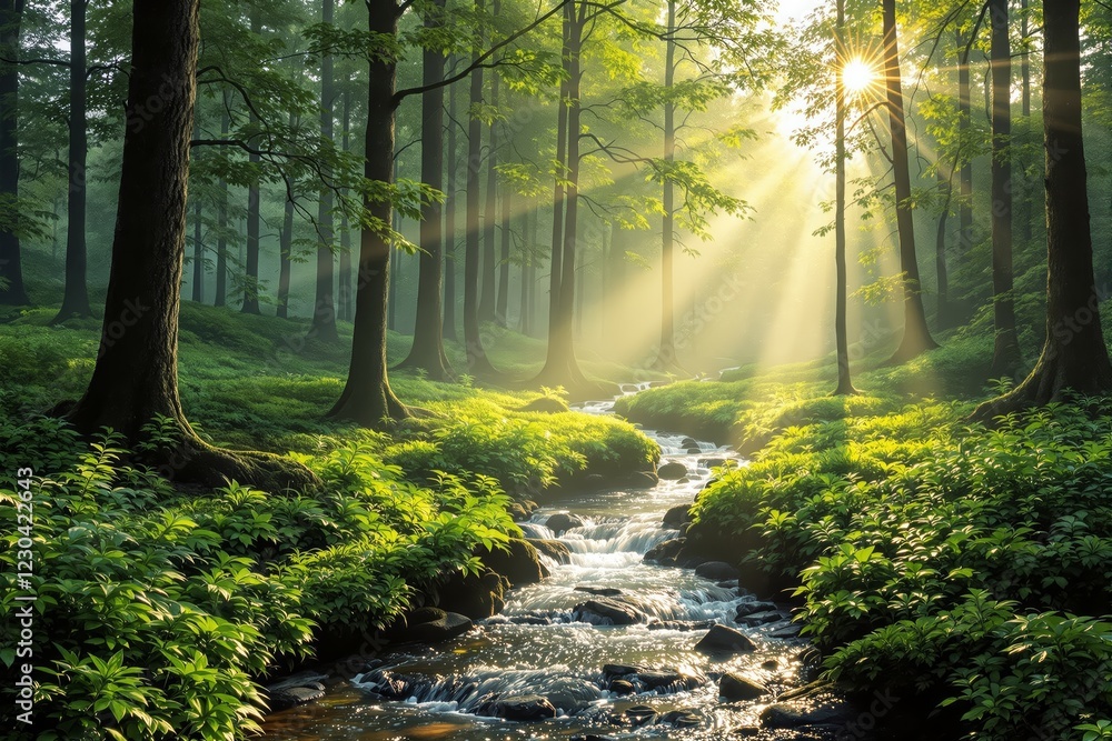 Aufkleber sunlit forest with a serene stream flowing through vibrant greenery, illuminated by gentle rays of l