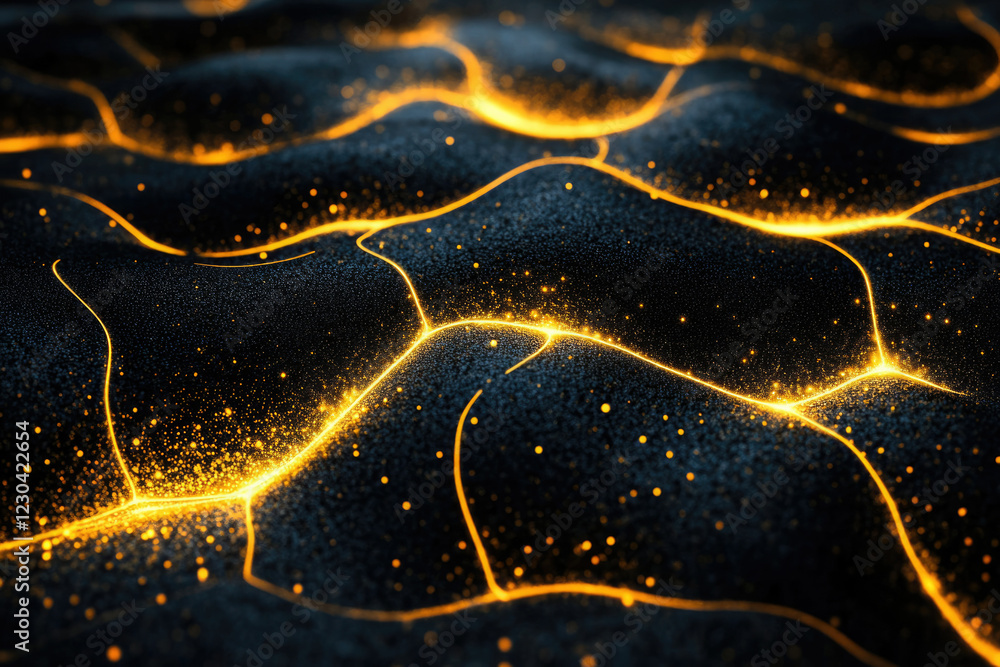 Aufkleber Glowing golden lines on a dark, textured surface, creating an abstract and mesmerizing visual effect.