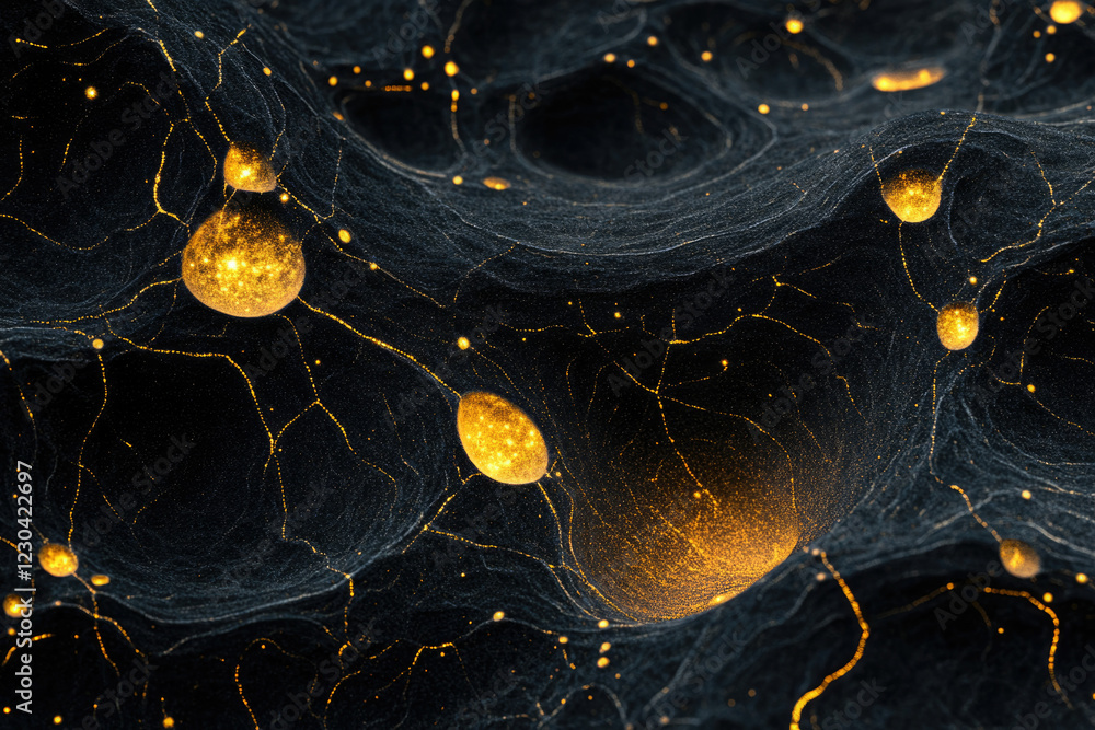 Aufkleber Abstract dark background with glowing golden particles forming a network, resembling a neural network or cosmic landscape.