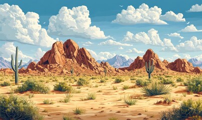 Scenic desert landscape with cacti, mountains, and blue sky.