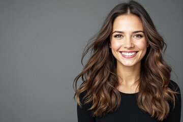 Naklejka premium Close-up of a cheerful woman with wavy brown hair smiling brightly on a gray background.