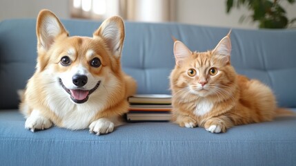 Adorable corgi and fluffy cat lounging on cozy sofa with books