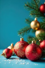 Fototapeta premium Isolated golden and red Christmas balls against a soothing blue backdrop, decorations, winter, blue