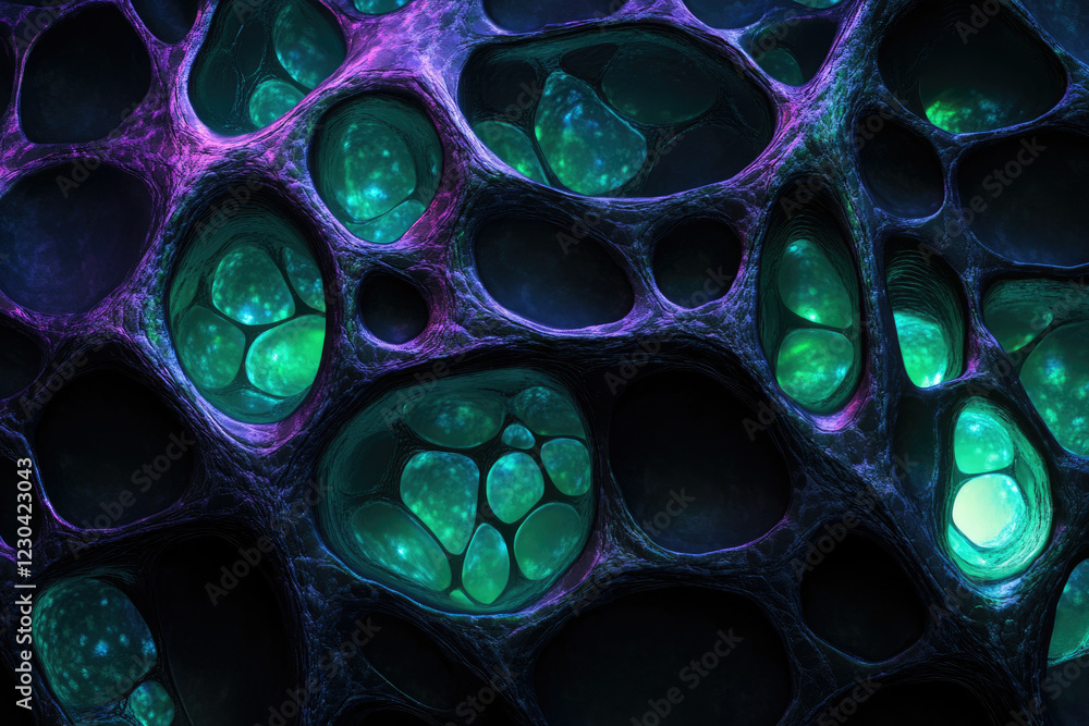 Poster abstract image depicting a porous, bioluminescent structure with glowing teal cavities within a dark
