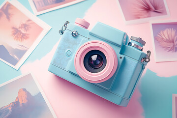 A stylish, pastel-blue vintage camera with a pink lens sits atop a backdrop of pink and light-blue photos