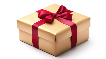 Fototapeta premium Gold gift box with red ribbon bow die
