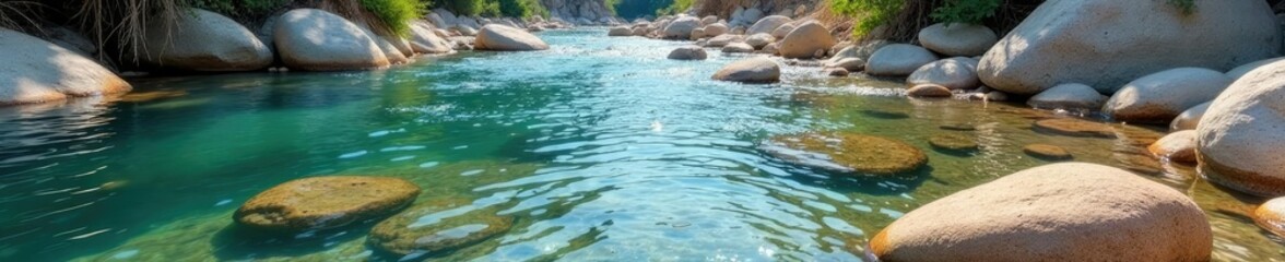 Light shell lime stones embedded in a riverbed, water features, river landscape, light shell lime natural stone background