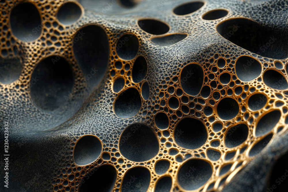 Aufkleber Abstract textured surface with a network of dark and gold circular patterns creating a 3D effect.