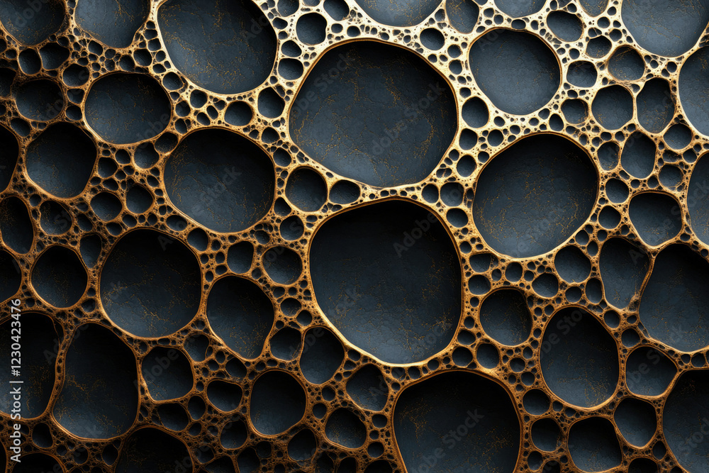 Poster Abstract gold and dark background texture with irregular pattern of interconnected circles and holes.