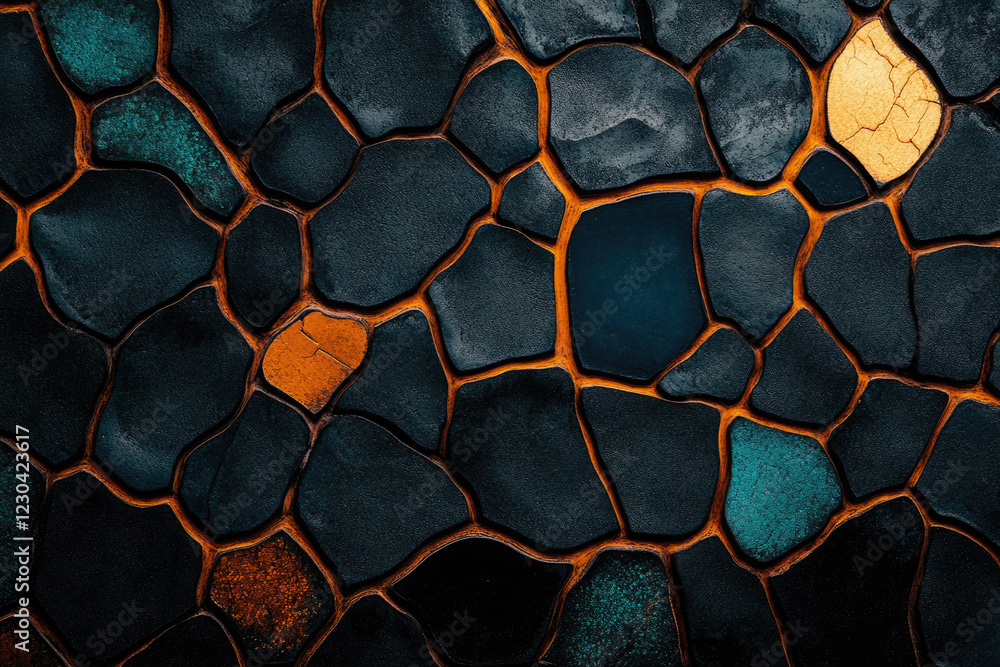 Aufkleber Abstract dark stone mosaic texture with orange grout lines, creating a unique and visually appealing pattern.