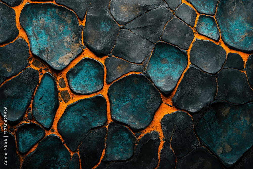 Aufkleber abstract dark teal and black stone mosaic with vibrant orange grout lines creating a visually striki
