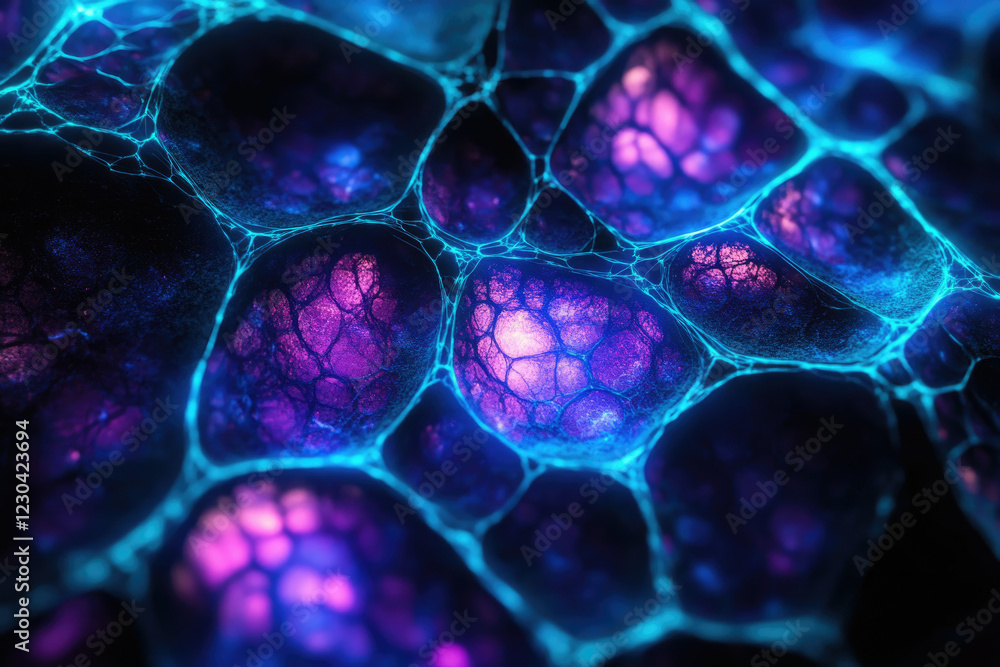 Aufkleber abstract image depicting a vibrant network of interconnected cells glowing in purple and blue hues.