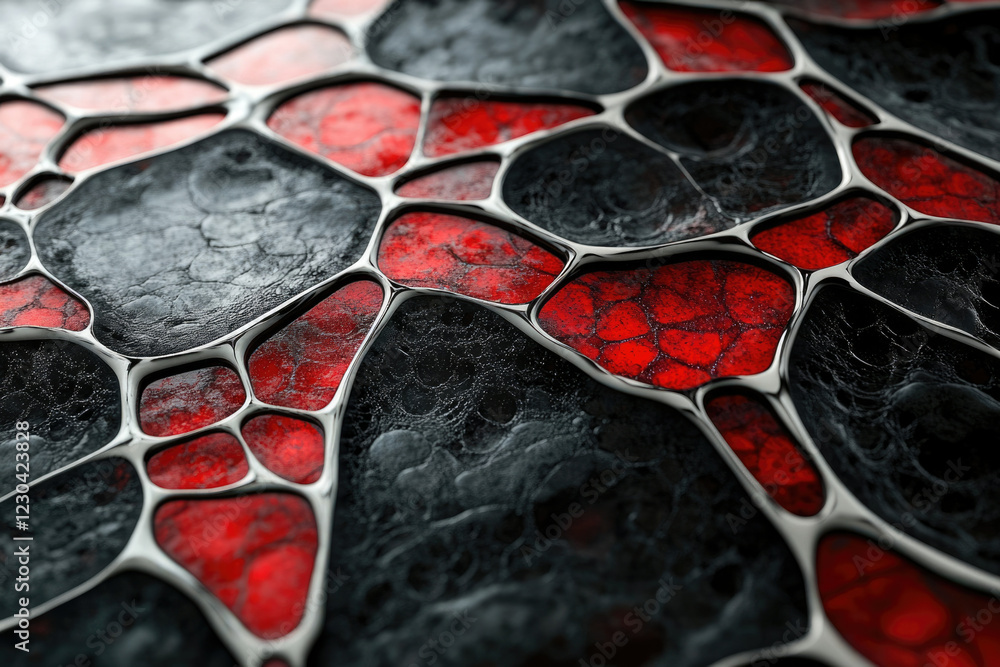 Poster Abstract 3D render of a network of interconnected red and black cells with metallic veins.