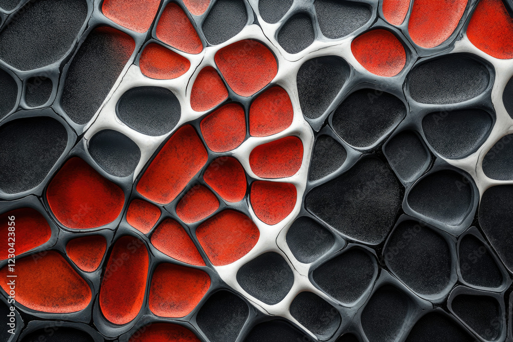 Poster Abstract 3D textured surface with red, black, and white organic shapes creating a visually striking pattern.