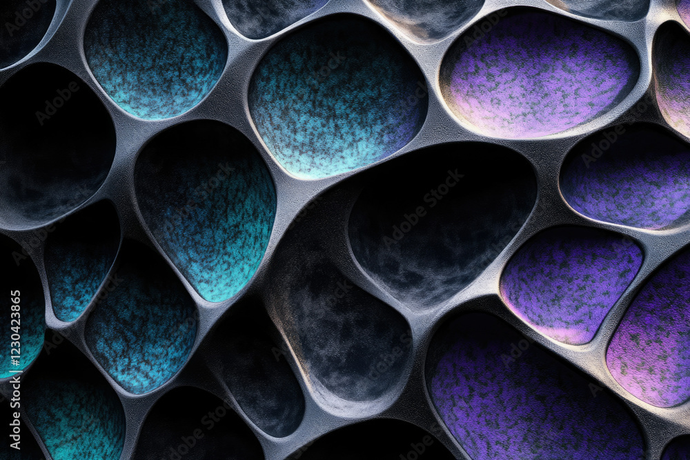 Poster abstract 3d render of interconnected, organic shapes with teal and purple hues, creating a textured,