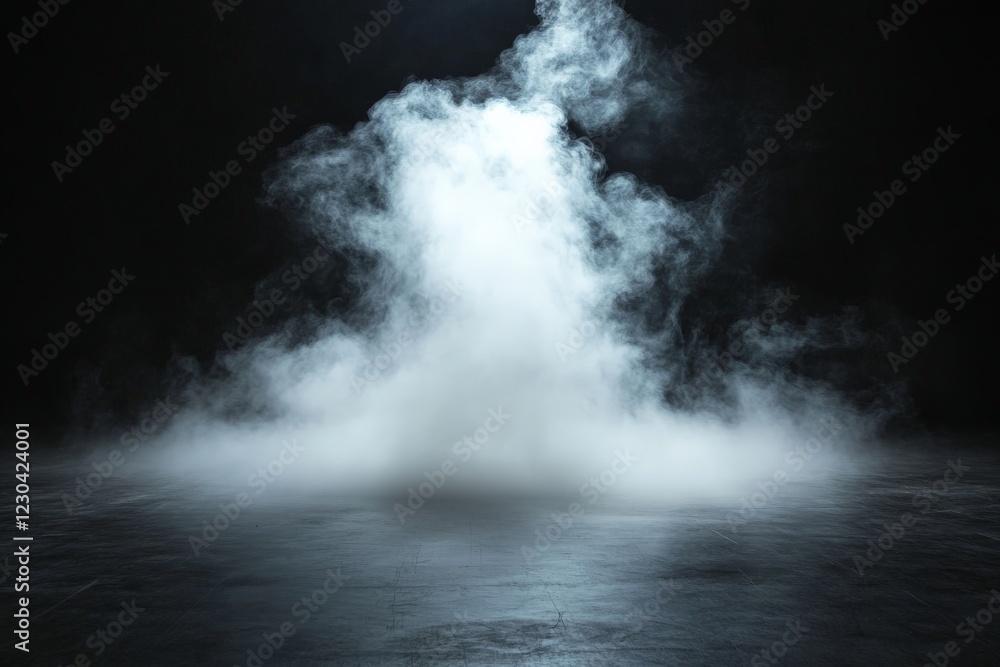 Poster white mist billows from the ground in a dark environment creating an atmospheric effect