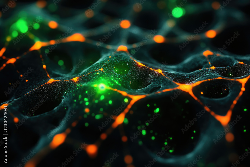 Poster abstract 3d rendering of a dark, textured surface with glowing orange and green nodes, resembling a 