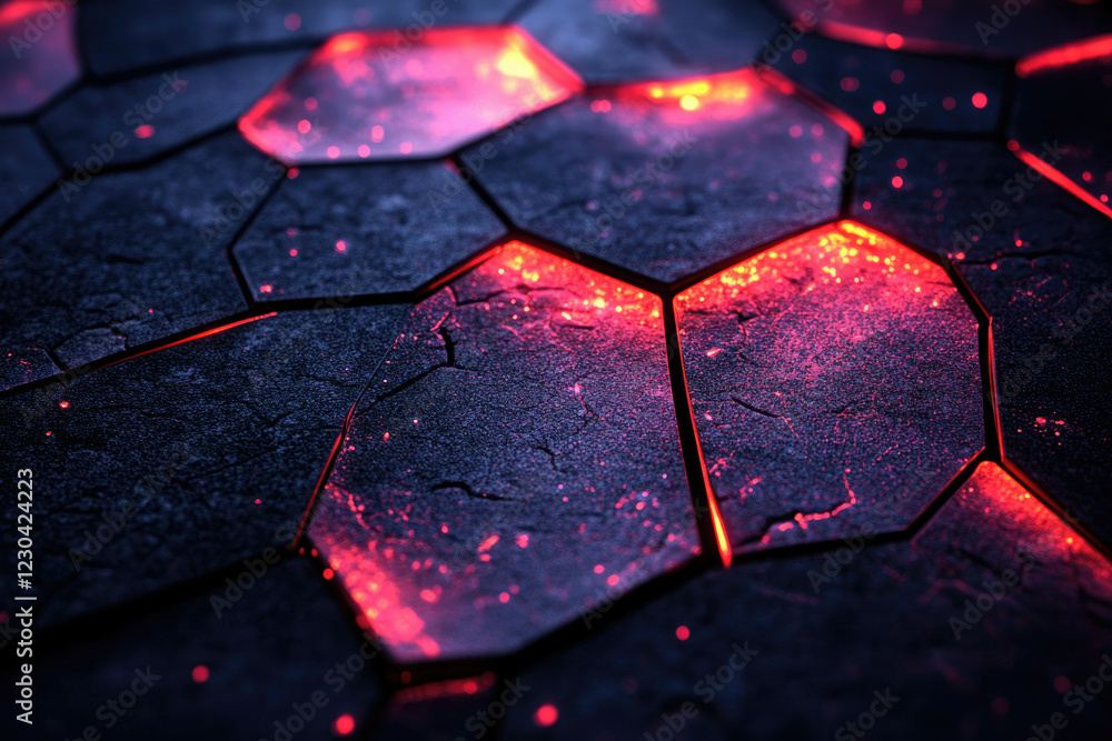 Poster Glowing hexagonal dark stone surface with cracks, red light emitting from the edges.