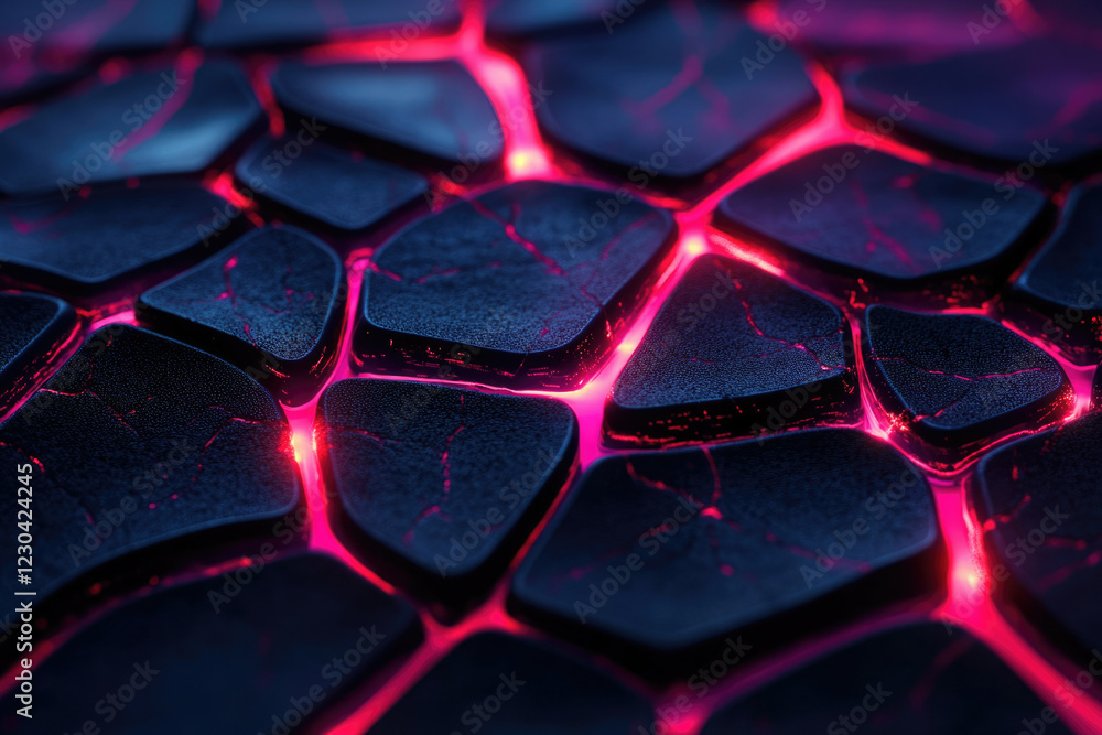 Aufkleber abstract image of cracked dark stones glowing with vibrant pink light, creating a mesmerizing textur