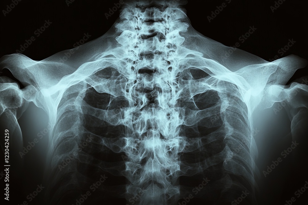 Poster Rear view of human spine highlighted in X-ray showing vertebrae alignment and structure in a clinical setting