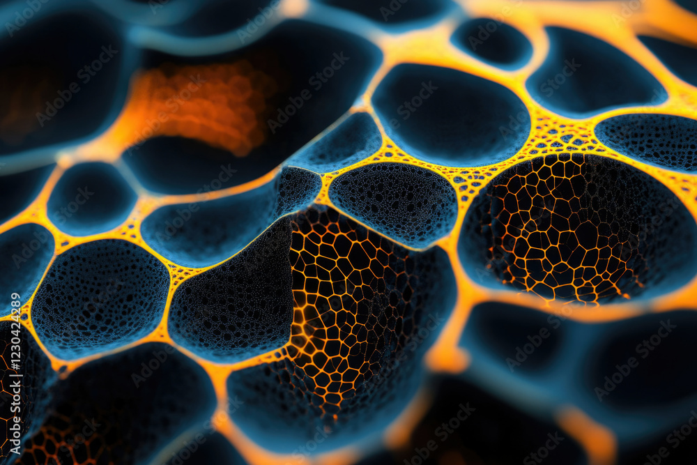 Poster Abstract 3D render of a dark blue and orange honeycomb-like structure with glowing edges.