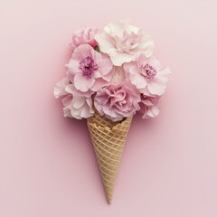 Floral arrangement in ice cream cone on pink background creates unique dessert artwork