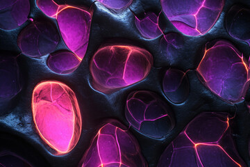 Glowing purple and pink organic shapes embedded in dark, metallic surface. Abstract, otherworldly texture.