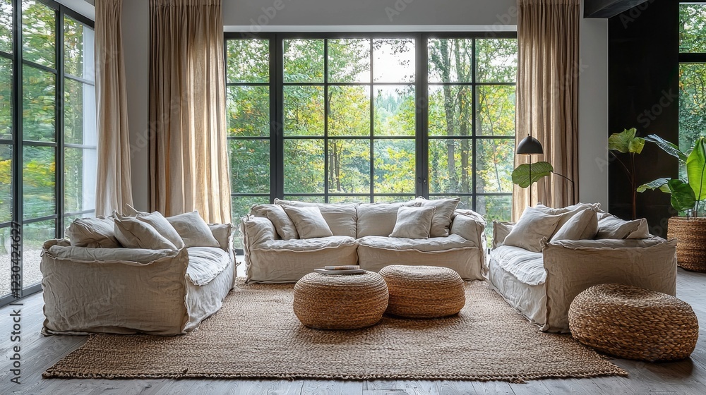 Poster sunlight floods the inviting space, illuminating soft furnishings and earthy textures. large windows