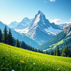 serene and peaceful alpine meadow with towering mountain peaks in the background, green, mountains