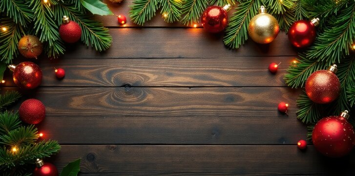 Rustic wooden background with Christmas decor, ornaments, lights