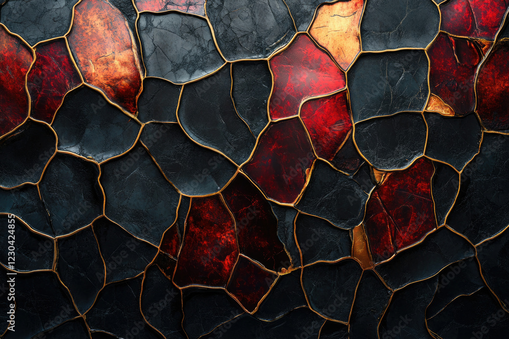 Poster abstract art featuring dark, red, and gold mosaic-like pattern with irregular shapes and gold outlin