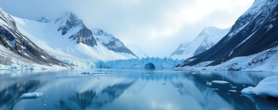 Serene glacier icecap with snow-capped mountains in autumn winter, cold, winter, mountains