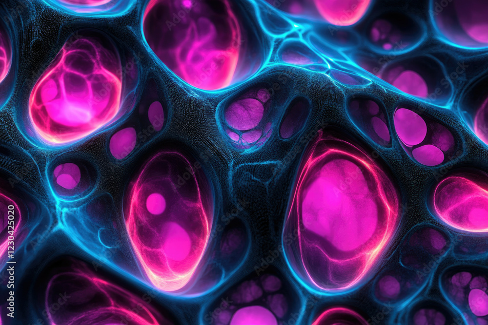 Leinwandbilder abstract 3d rendering of a bioluminescent network with glowing pink and blue cells.